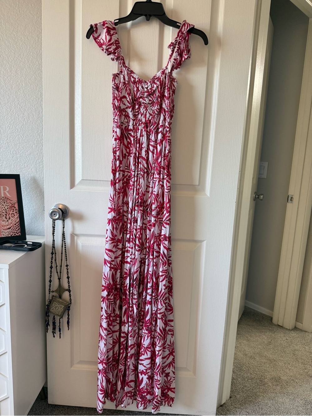 Tiare Hawaii Hollie Maxi Dress Magenta/Red White Floral Smocked One Size NWT